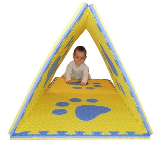 Schuimrubberen kinderkleed met blauwe en gele pootafdrukken