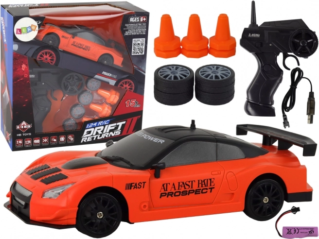 RC sportauto 1:24 oranje met verwisselbare wielen