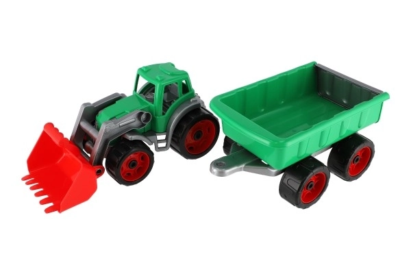 Tractor/lader/graafmachine met aanhanger met liggende plastic voor vrije beweging 2 kleuren in net 16x61x16cm