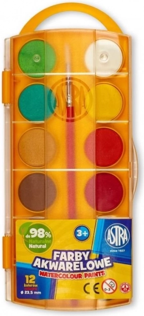 Aquarelverf Astra, 12 kleuren, Ø 23,5 mm, met penseel