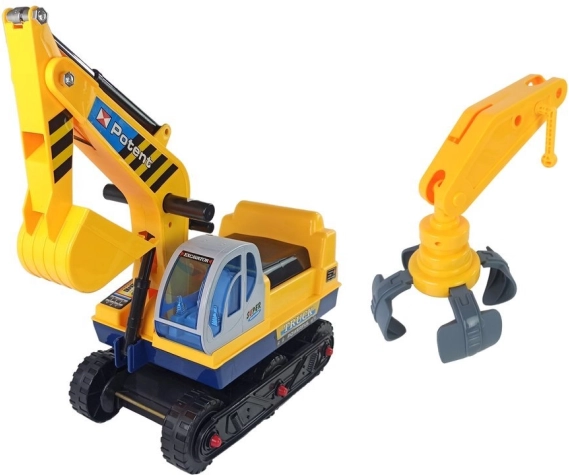 Loopgraafmachine met verwisselbare arm en grijper, geel