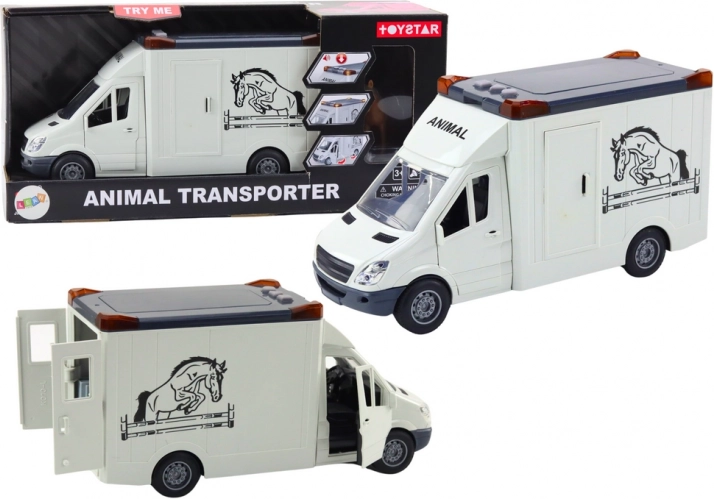 Witte auto-transporteur voor paarden met openslaande deuren en licht- en geluidseffecten