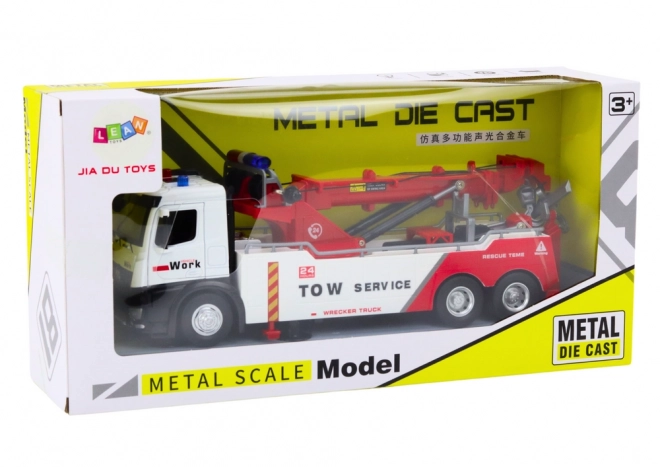 Vrachtwagen met kraan Twee haken Metalen wit en rood lichten Geluiden
