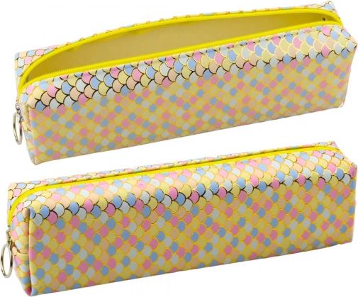 Schooletui met motief van kleurrijke visschubben geel 21x6cm