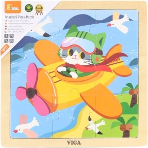 Houten puzzel 9 stukjes – vliegtuig met kat VIGA