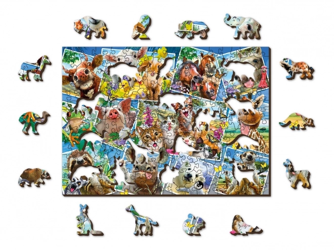 Houten puzzel met figuren - ansichtkaart met dieren