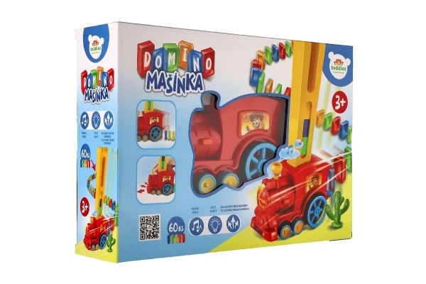 Locomotief/Trein domino bouwend plastic 16cm op batterijen met geluid en licht in doos 33x23,5x8cm