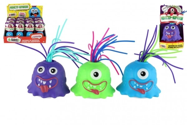 Monster met zuignap van plastic 7 cm op batterijen met geluid, licht 3 kleuren in doos 12 stuks in box