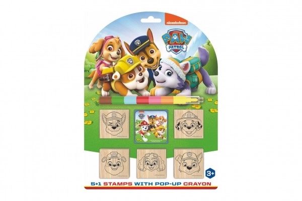 Stempels 5+1 met inktkussen houten 5x5cm met waskrijt Paw Patrol op kaart