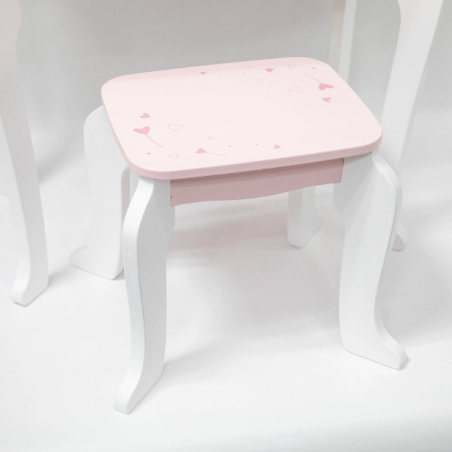Houten kaptafel en kruk Viga wit en roze met spiegel