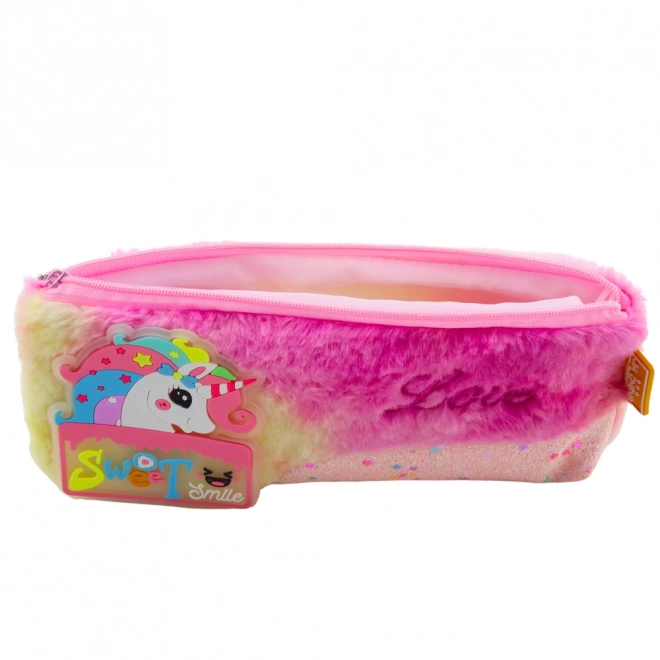 Pluchen etui met eenhoorn roze