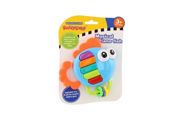 Rammelaar/bijtfiguur vis piano plastic 14x14cm op batterijen met geluid, licht op kaart 3m+