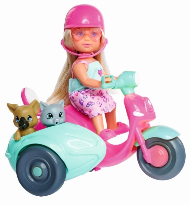 Pop Evička op een scooter met zijspan