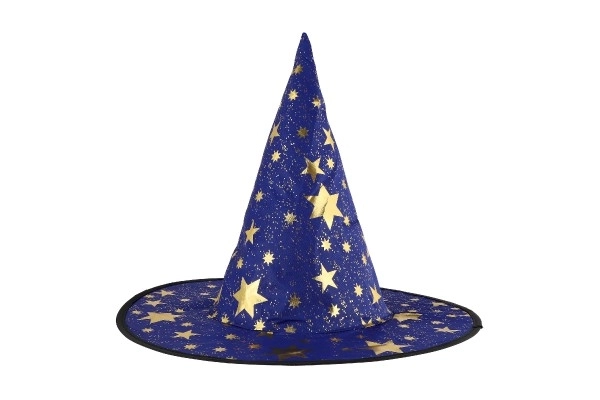 Heksenhoed voor kinderen diameter 38 cm blauw-goud in zakje carnaval