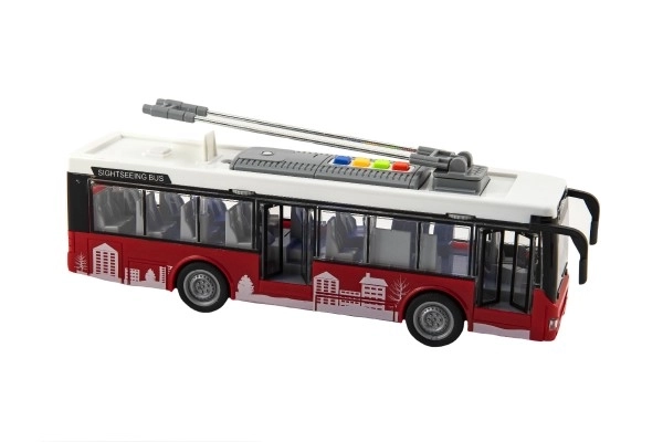 Bus/trolleybus kunststof 28cm met vliegwiel op batterij met licht en geluid in doos 32x17x11cm