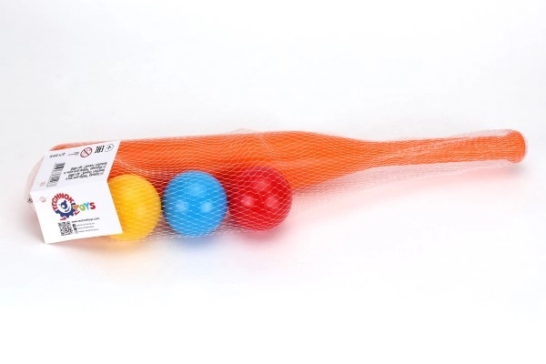 Honkbalknuppel 50cm + 3 stuks ballen plastic 2 kleuren in net