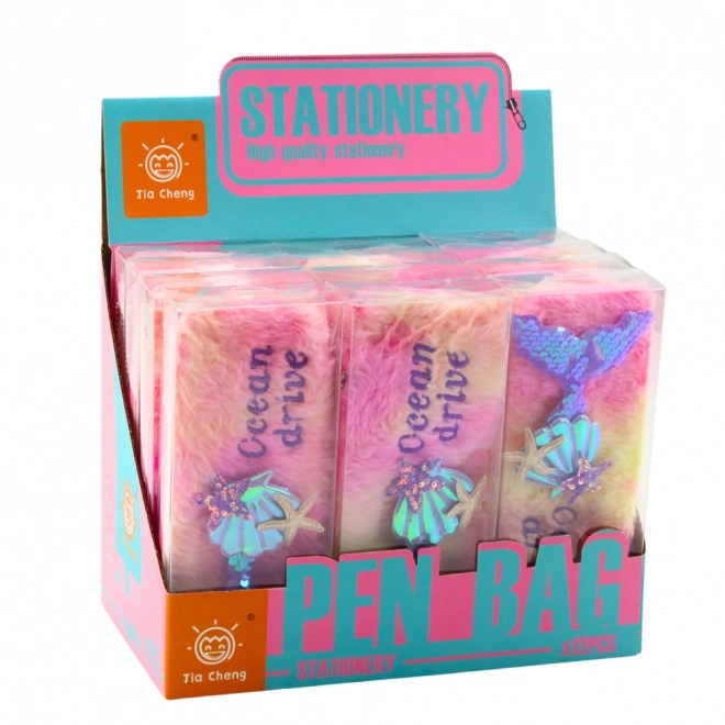 Pluche etui met zeemeerminstaart, roze en paars met pailletten