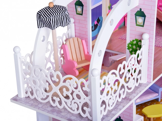 Groot houten poppenhuis met lift, garage en balkon