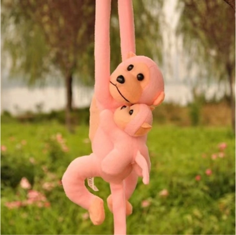 Roze pluchen aapje met jong 70 cm