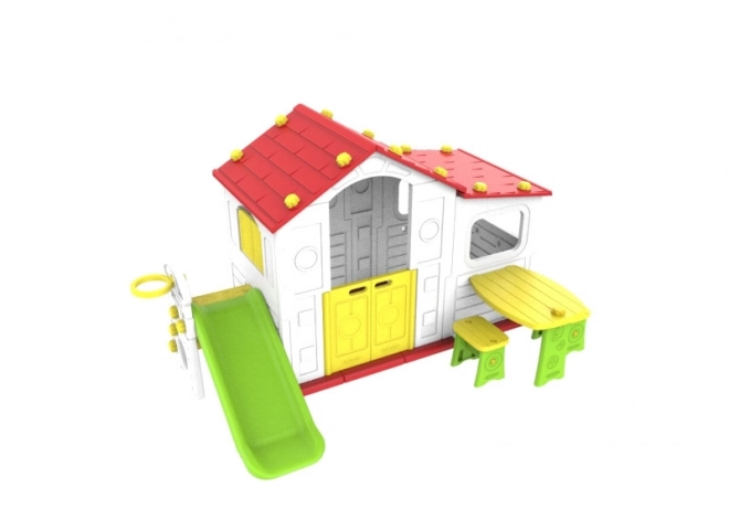 Groot kinderspeelhuis met glijbaan en rood dak