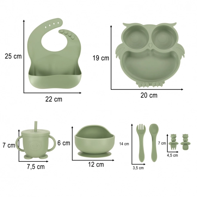 Siliconen kinderservies met uilenmotief in legergroen