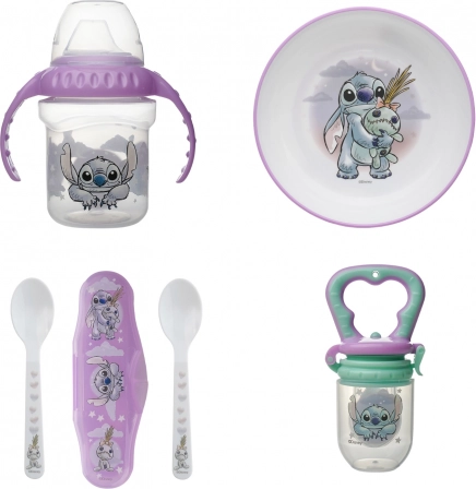 Kinder-eetset Lilo & Stitch – lekvrije beker, antislipkom, lepeltjes en fruitvoedertje