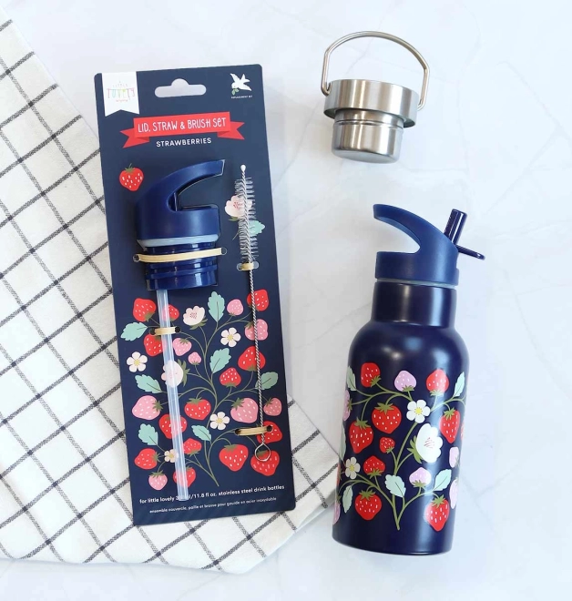 A Little Lovely Company set met dop, borsteltje en rietje voor roestvrijstalen fles 350 ml – Aardbeien