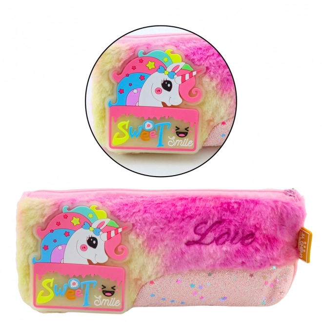 Pluchen etui met eenhoorn roze