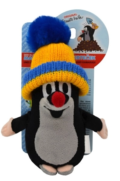 Krtek met een blauw-gele muts pluche 15cm op kaart