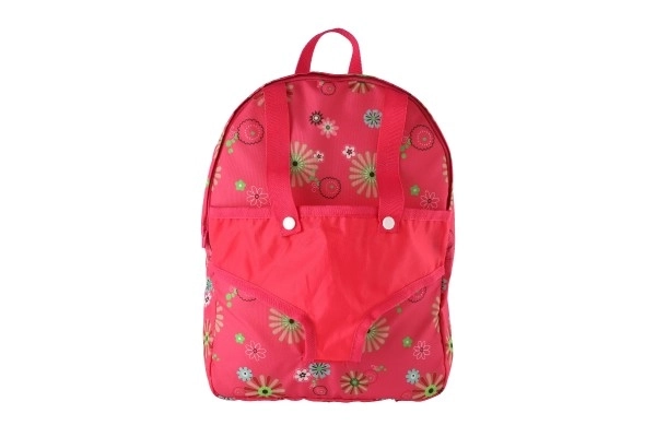 Roze rugzak met draagzak voor pop met bloemenpatroon