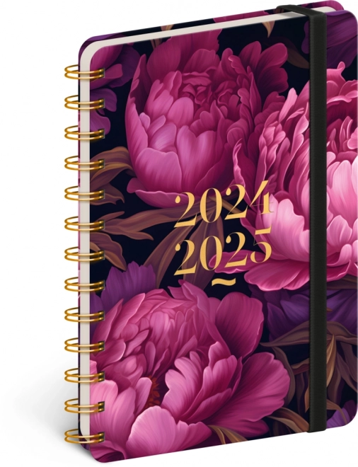 Spiraalvormige 18-maanden agenda Petito – Paarse bloemen 2024/2025, 13 × 18 cm