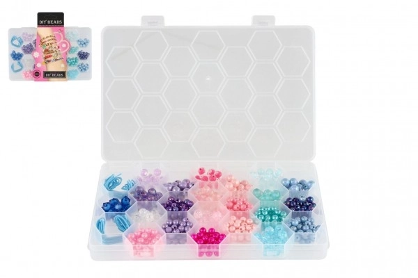 Kralen plastic kleurrijk met koord in plastic doos 20x16,5cm