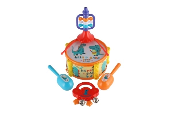 Muziekinstrumenten/set kunststof 5 stuks in doos 2 kleuren in zak 27,5x28cm 3m+