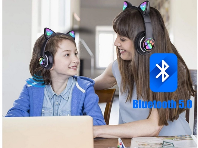 Draadloze koptelefoon bluetooth radio fm mp3 kattenoren led verlichting – zwart