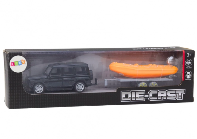 Terreinwagen zwart met aanhanger Boot Oranje