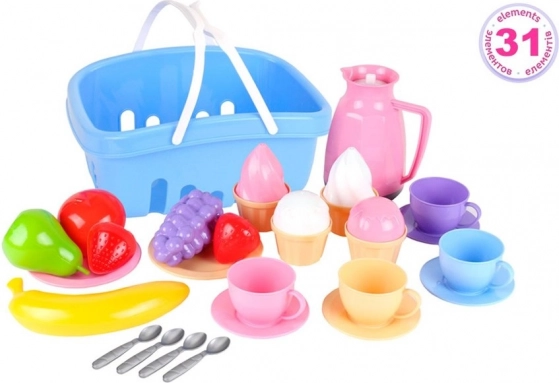 Kinder picknickset met mand, theeservies en fruit