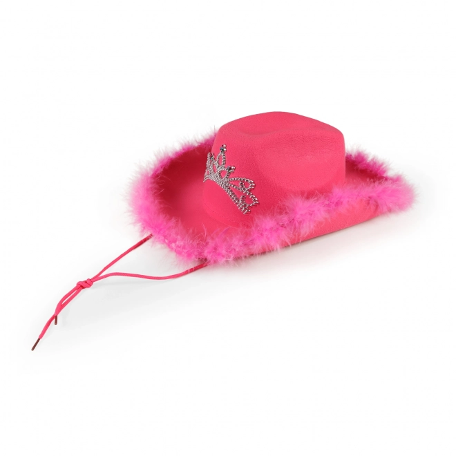 Roze cowboyhoed met kroon en veren voor dames