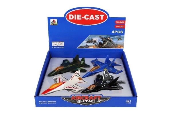 Metalen en plastic jager met terugtrekmechanisme 16 cm - set van vier kleurrijke vliegtuigen