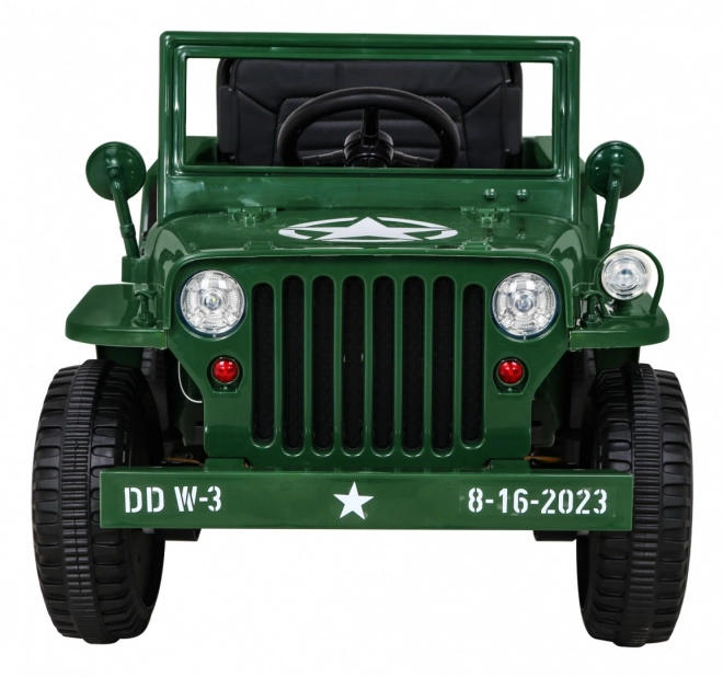 Retro groen militair voertuig voor kinderen + aandrijving 4x4 + afstandsbediening + 2 bagagedragers + langzame start + MP3 LED