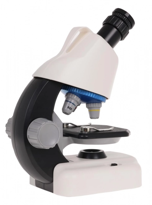 Witte microscoop + reageerbuizen en accessoires