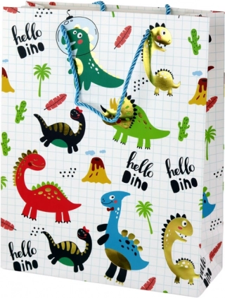 Papieren cadeauzak met dinosaurussen, wit ruitpatroon, 32 × 26 × 10 cm