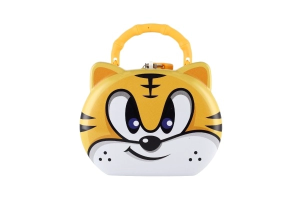 Spaarpot kat/tin kattenhoofd met slot 14x12cm 3 kleuren in plastic doos