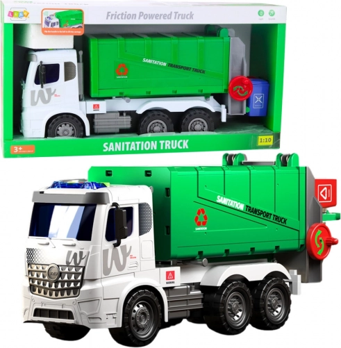 grote vuilniswagenset met hefcontainer, licht en geluid, groen 1:10