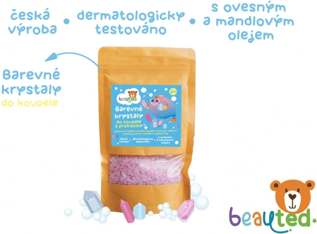 Gekleurde badkristallen met probiotica in hersluitbare zak
