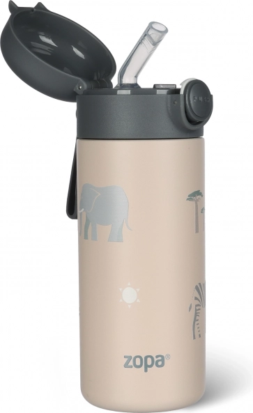 Thermosfles voor dranken met rietje en siliconen handgreep 350 ml, Safari