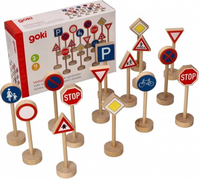 Goki houten verkeersborden, set van 15 stuks