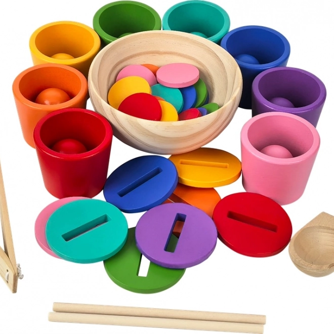 Regenboog knikkers, muntjes en bekertjes – Montessori houten set in 8 kleuren