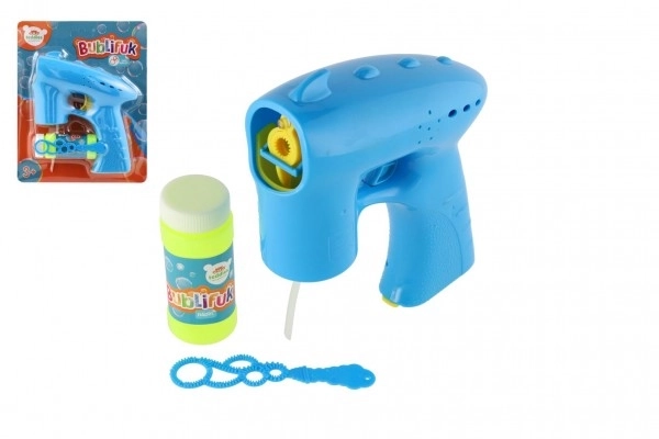 Bellenblaaspistool blauw plastic 13cm + vulling op batterijen op kaart