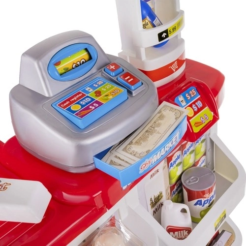 Supermarkt met kassa, winkelmandje en accessoires