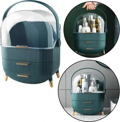 Organizer voor cosmetica met transparant deksel en twee lades groen